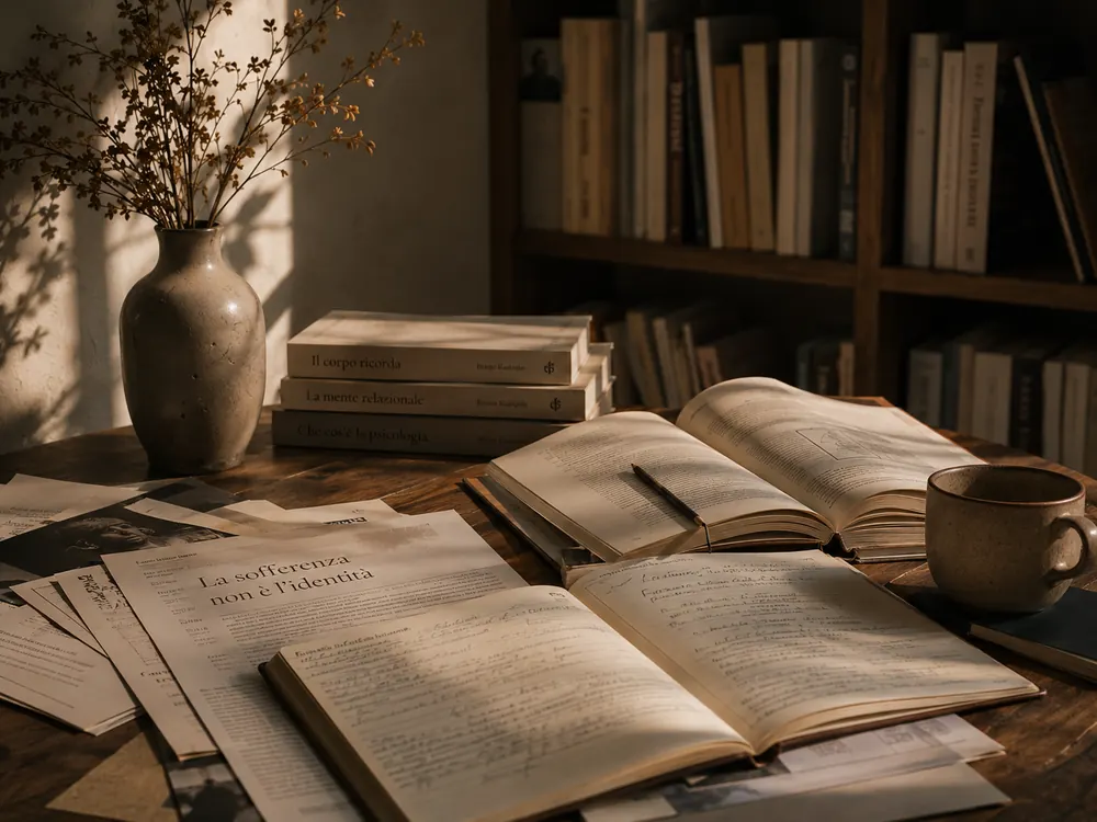 Libri di psicologia e appunti sul tema del trauma su una scrivania